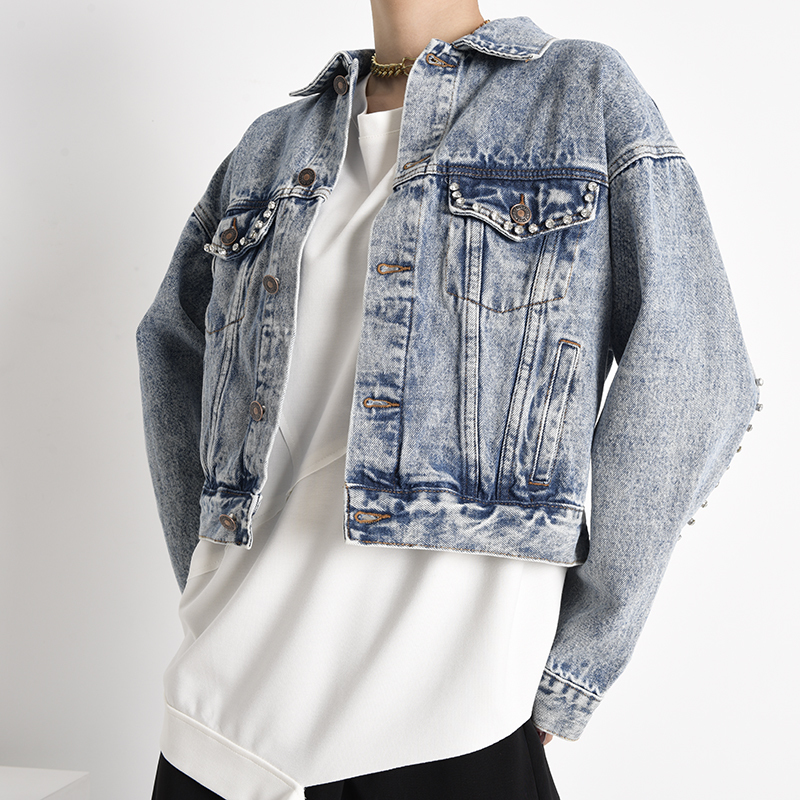 EAM Blue Short Rhinestones Hollow Out Denim Jacket Lapel Long Sleeve Women Coat Fashion Spring Autumn 1X90305 201029