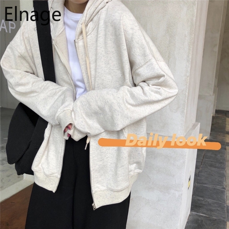 Sudadera Korean Women Clothes Spring Hooded Long Sleeve Zip Up Hoodies Grey Moletom Cotton Sweatshirts Autumn Tops 5B255 210429