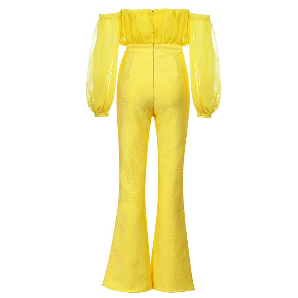 Ailigou New Women Party Club Yellow Sexy Off Shoulder Chiffon Long Sleeve Strapless Full Length Bandage Bodycon Jumpsuits T200509
