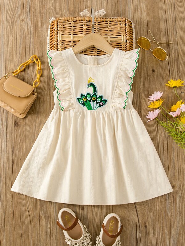 Toddler Girls Peacock Embroidery Scallop Trim Dress SHE R250424
