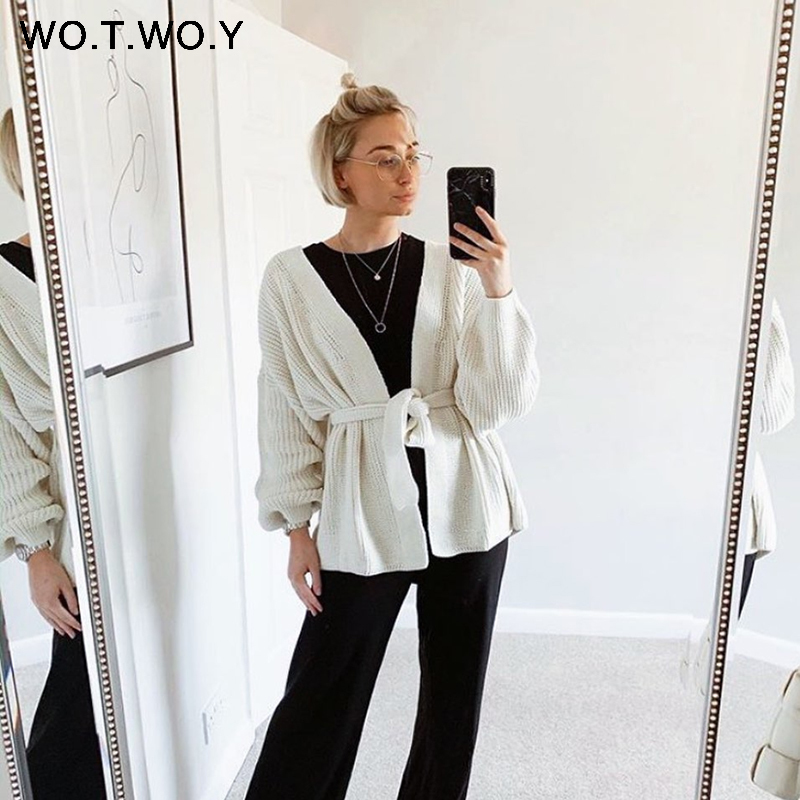 WOTWOY Sexy V-neck Knitted Cardigan Women Autumn Winter Long Sleeve Cropped Kimono Cardigans Female Solid Oversized Jumper 201023
