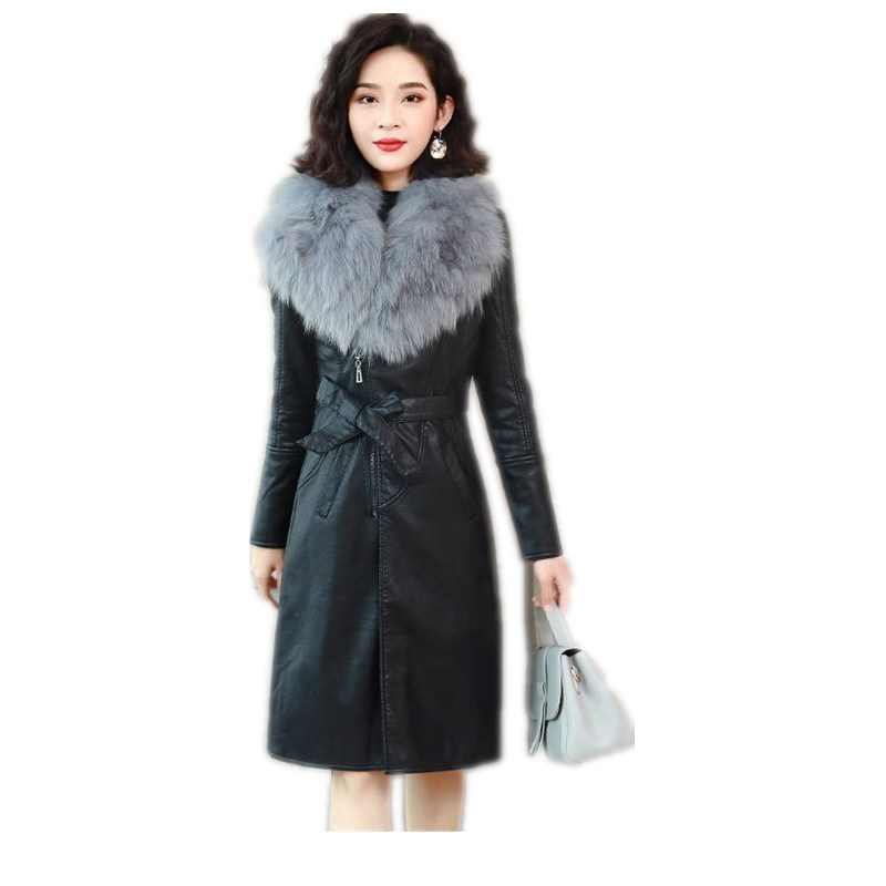 Women's Winter Faux Fur Collar Leather Loose Coats Women's commuter Slim Collect waist plus-size velvet thick Leather jacket 201020
