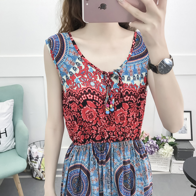 Vintage Women Summer Bohemian Dress Beach Boho Elegant Printed Dresses New Fashion Flower Loose Plus Size Sleeveless Dress T200604