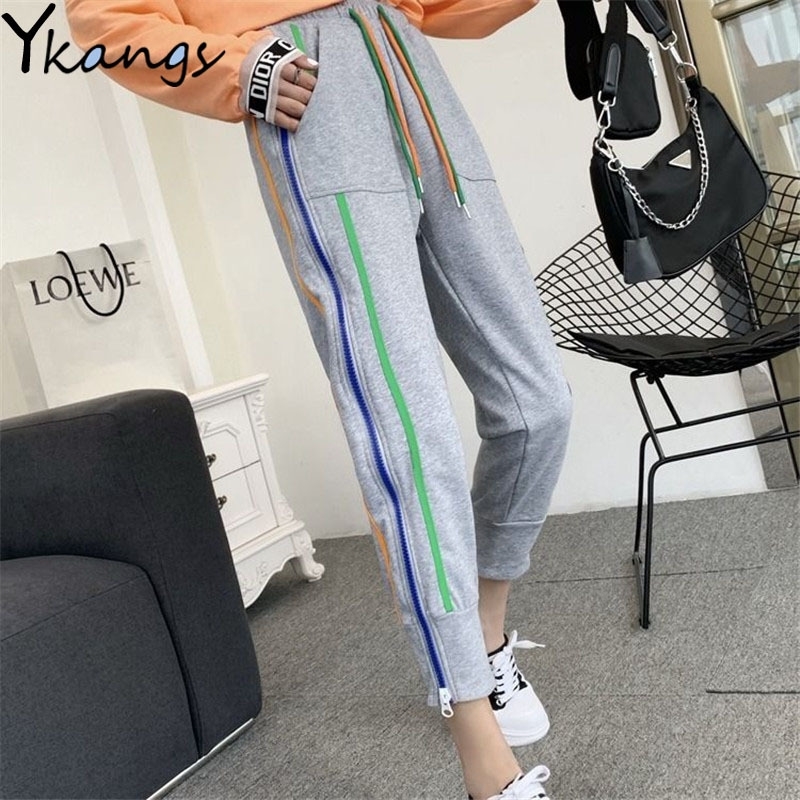 Joggers Women Elastic High Waist Harem Pants Streetwear Sweatpants for Women Casual Harajuku Rainbow Side Stripe Zipper Pants 201012