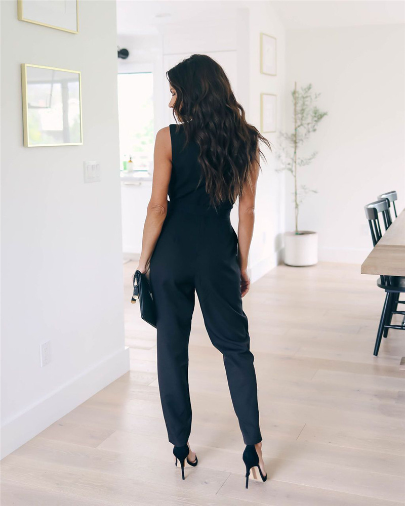 Fashion Lace Women Jumpsuit With Belt Sleeveless Summer New Casual Vneck Solid Women Black Jumpsuits Fashion Female Pants T200509