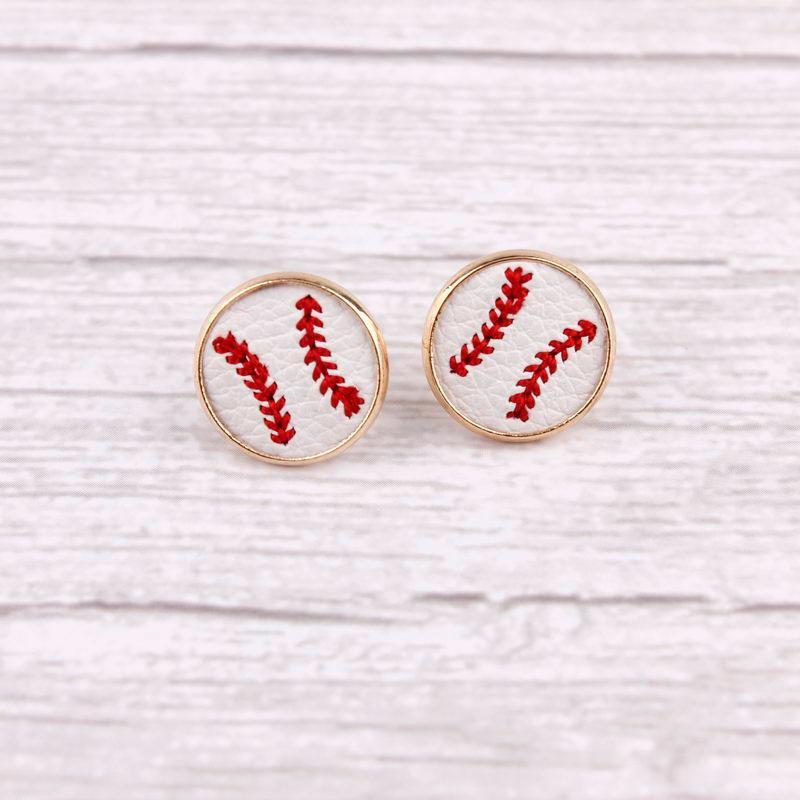 16mm Embroidery Baseball Leather Studs Earrings1