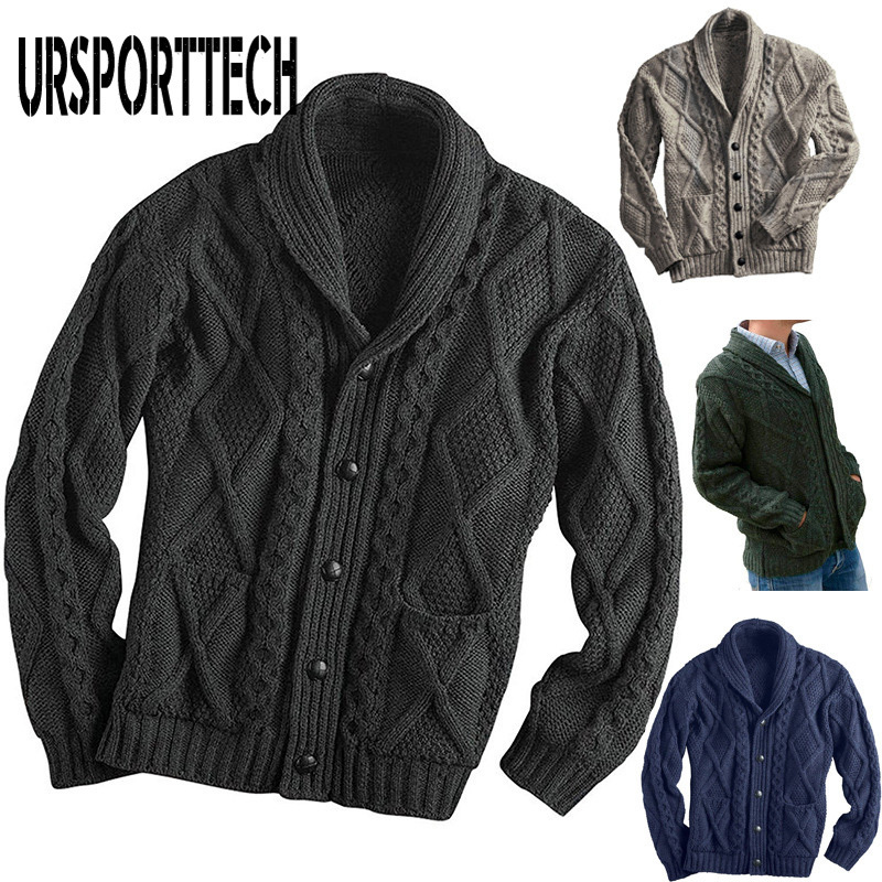 100% Irish Merino Wool Aran Button Men's Autumn Winter New Cardigan Sweatercoat Slim Fit Warm Knitted Sweater Coat 201210
