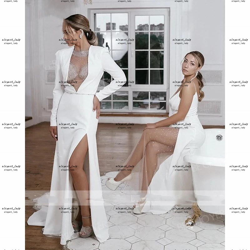 Luxury Beaded Satin Wedding Dress 2022 Long Sleeve Backless sexy slit A-Line Bride Gowns Customized Princess Vestido De Noiva
