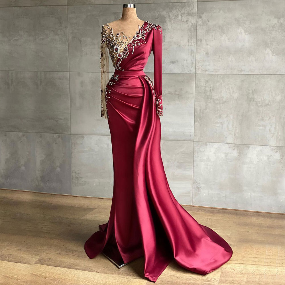 Dark Red Beaded Mermaid Prom Dresses Jewel Neck Long Sleeves Sequined Evening Gowns Sweep Train Satin Formal Dress 0220
