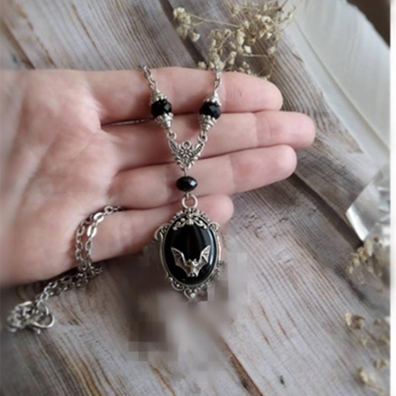 

Gothic Vampire Bat Sweater Necklace Silver plated Framed Bat Cameo Necklace Halloween Witch Crystal Gift for Lover