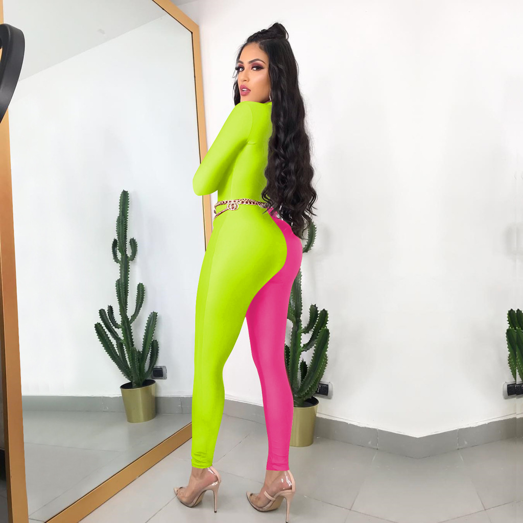 ANJAMANOR Front Zipper Long Sleeve Bodycon Jumpsuit Women Neon Color Black Sexy One Piece Clubwear Outfits Fall Winter D41-AD63 201007