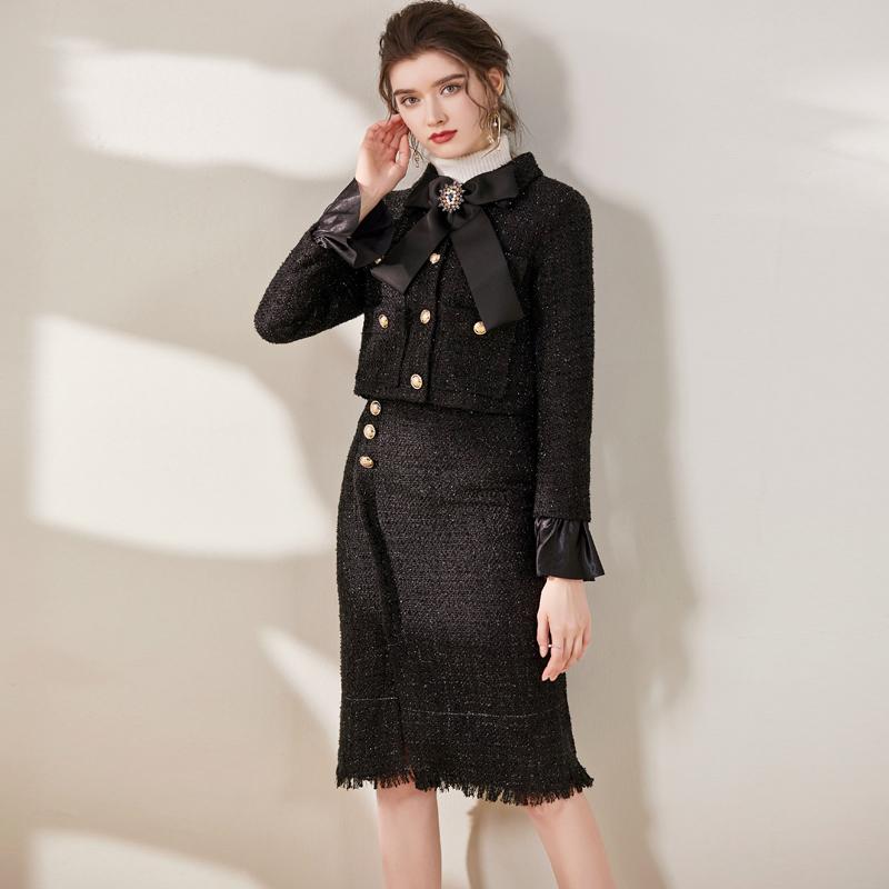 Autumn Winter New Vintage Tweed Two Piece Sets Women' Bow Woolen Short Jacket Coat and High Waist Tassel Skirts Suit, As picture
Autumn Winter New Vintage Tweed Two Piece Sets Women' Bow Woolen Short Jacket Coat and High Waist Tassel Skirts Suit, As picture