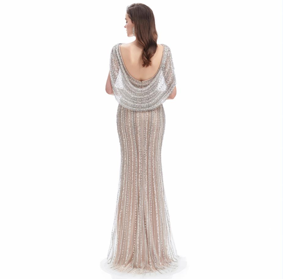 Silver Luxury Beaded Mermaid Evening Gown with wrap Sexy With Split crystal aso ebi fishtail prom dresses real image LJH75031