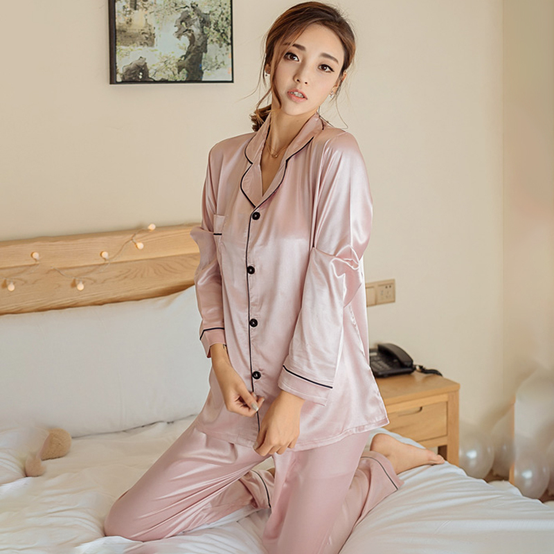 Faux Silk Satin Pajamas Sets Pyjamas Autumn Women Sleepwear Long Sleeve Pijamas Suit Female Nightwear Loungewear Sexy Lingeries 201113
