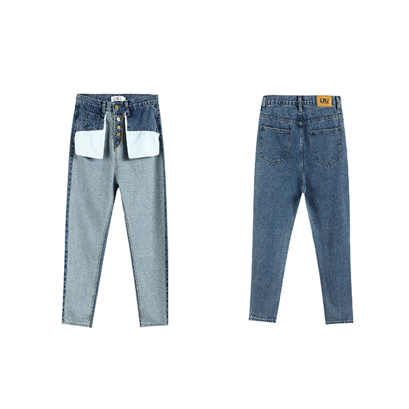 Stitching Reverse Pockets High Waist Boyfriend Jeans For Women Buttons fly Jeans Mom Patchwork Loose Straight ankle Denim Jeans 201105