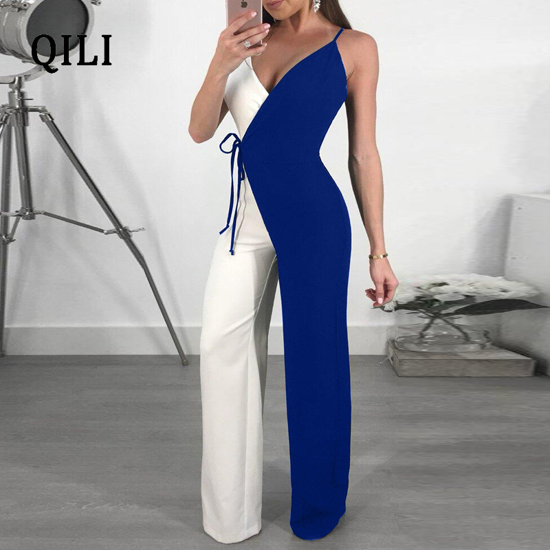 QILI Women Wide Leg Jumpsuits Overall Spaghetti Strap Double Color Jumpsuit Romper Womens Casual Overalls Plus Size S-XXL T200107