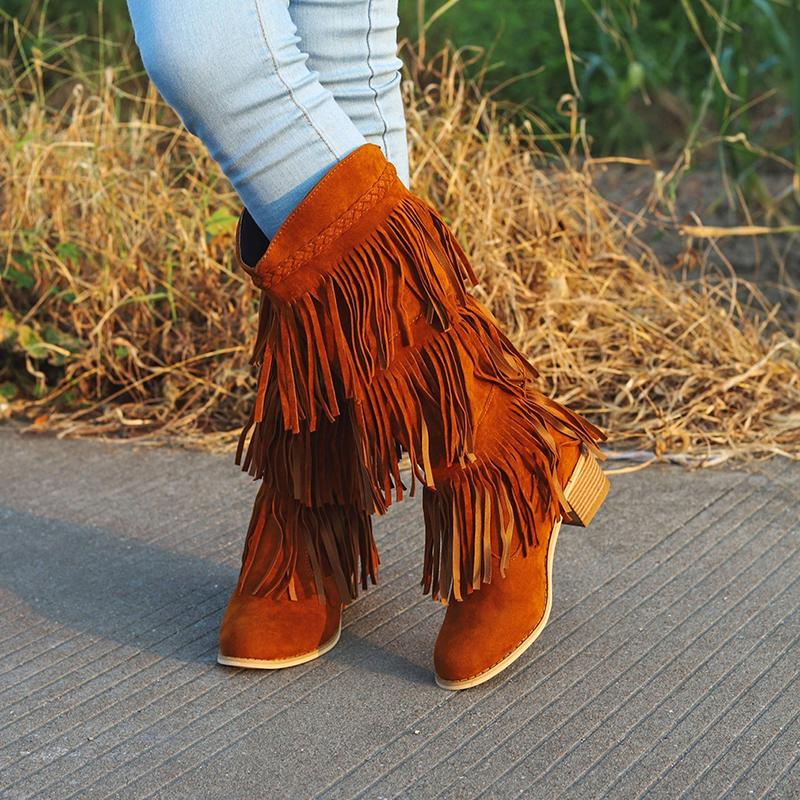 Winter Women Boots PU Plus Size Fringe Fashion Solid Slip On Round Toe Female Mid Calf Riding Boots, Black