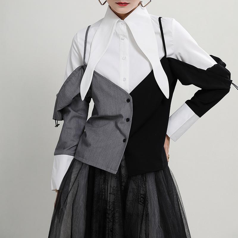 Women Contrast Color Shoulder Strap Blouse New Lapel Long Sleeve Loose Fit Shirt Fashion Spring Autumn 2021 076, Black
Women Contrast Color Shoulder Strap Blouse New Lapel Long Sleeve Loose Fit Shirt Fashion Spring Autumn 2021 076, Black