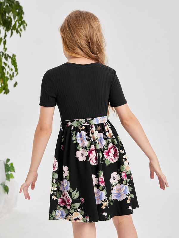 Girls Floral Print Belted 2 In 1 Dress SHE