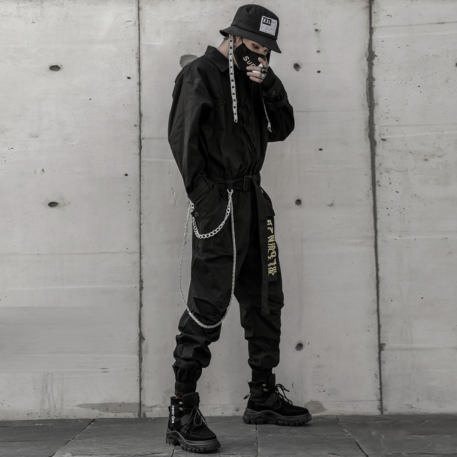 Hip Hop Streetwear Jumpsuits Men Ribbon Embroidered Cargo Pants Long Sleeve Rompers Joggers Techwear Men LJ201217