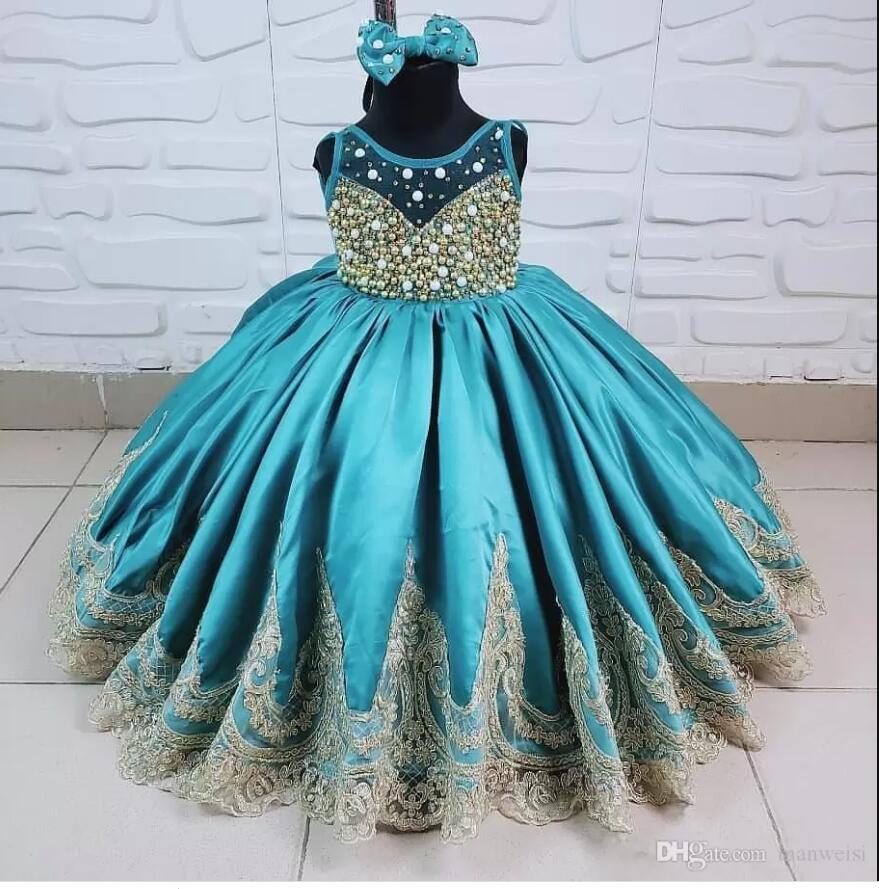 Gown Gorgeous Ball Lace wer Girl Dresses For Weddings Sheer Jewel Neck Beaded Toddler Pageant Gowns or Length Satin Kids Birthday Party Prom Dress S