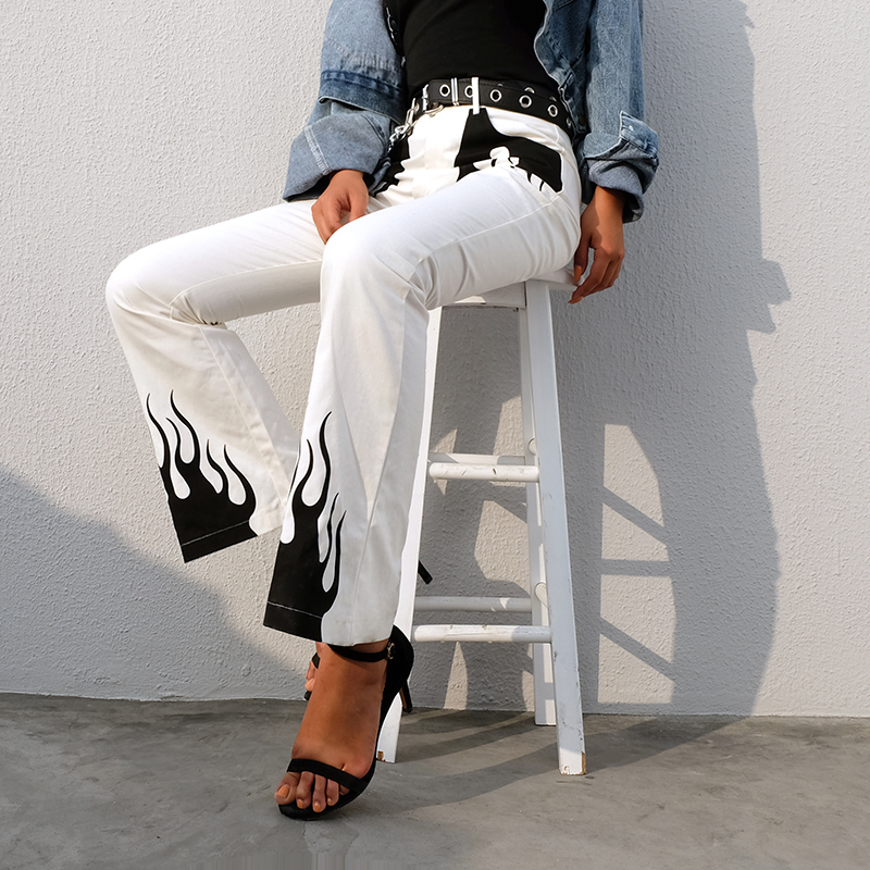 Rapwriter Casual Panelled Flame Print High Waist Long Flare White Pant Women Bottoms Harajuku Slim Fitness Fire Trousers Pocket 201106