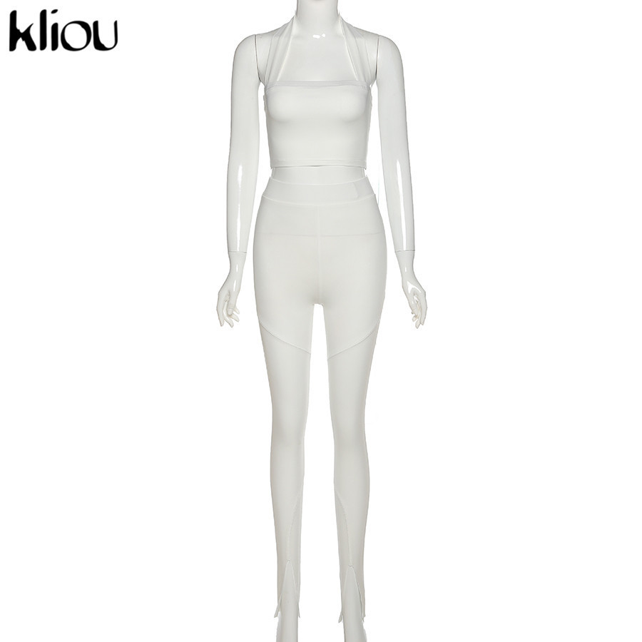 Kliou women two piece outfit halter sleeveless tank tops outdoor leggings sporty matching set skinny tracksuit fitness outfits 201104