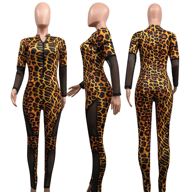 2020 Spring Sexy Jumpsuit Leopard Print See Through Playsuits Bodysuit Rompers Womens Jumpsuit Streetwear Party Night Clothes T200303