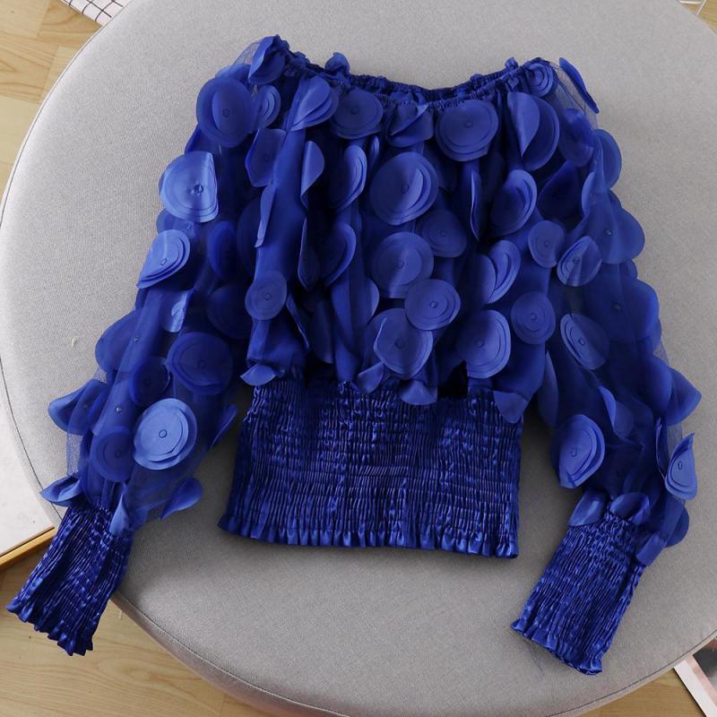 2019 New sexy off the shoulder blouse women slim long sleeved perspective screen yarn chiffon shirt spring autumn short tops T200321