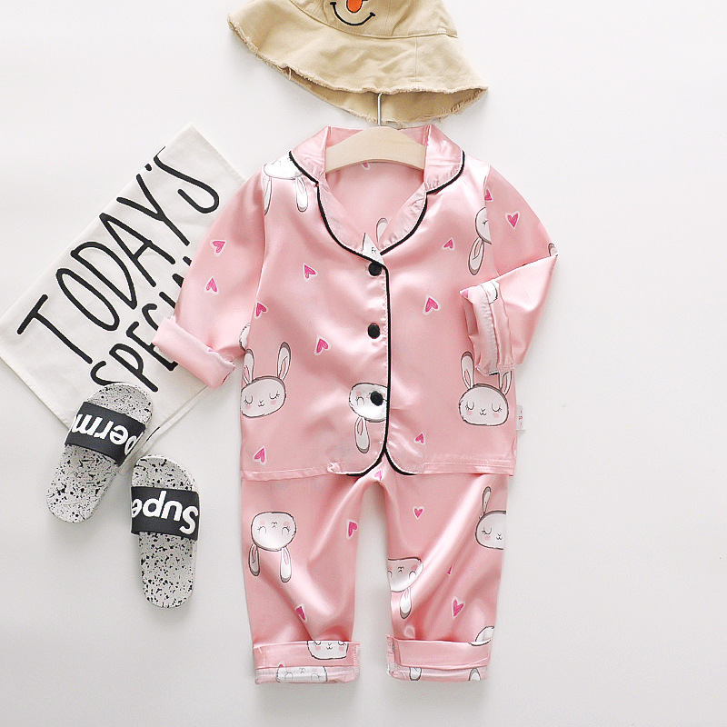 Long Sleeve Baby suit Kids Clothes Toddler Boys Girls Ice silk satin Cartoon little bear Tops Pants Set for Children's home Wear LJ201223