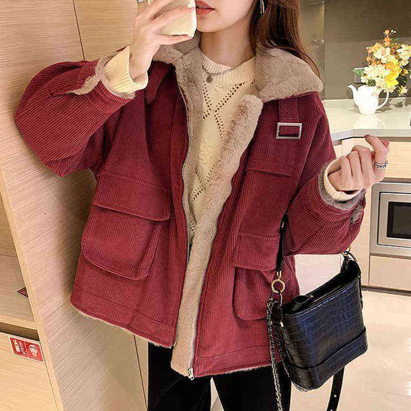 Lucyever Thicken Women's Winter Jacket Korean Loose All-match Corduroy Coat for Women Oversize Casual Zipper Warm Plush Overcoat 211221wtt