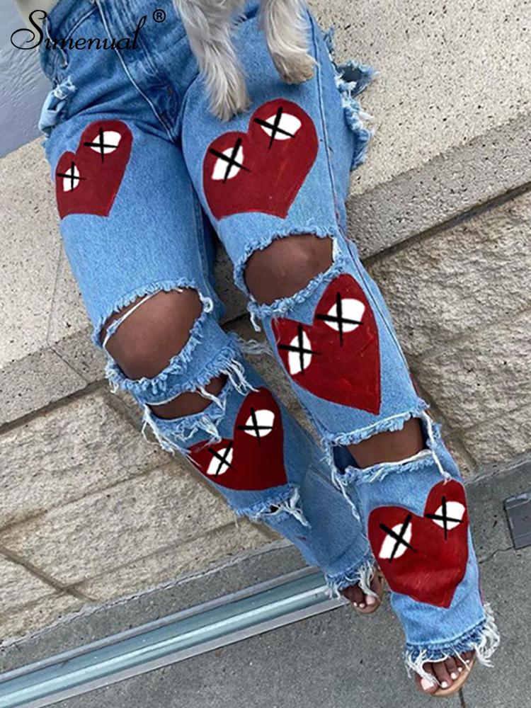 Women' Jeans Simenual Heart Print Denim Cut Out Distressed For Women Baddie Clothes Streetwear High Waist Baggy Pants In Blue Fashion, Pink
Women' Jeans Simenual Heart Print Denim Cut Out Distressed For Women Baddie Clothes Streetwear High Waist Baggy Pants In Blue Fashion, Pink