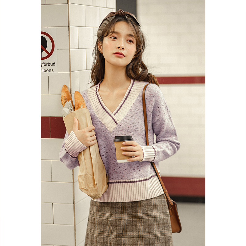 INMAN Winter Arrivals Purple Long Sleeves Sweet Candy Color V Neck Knit Pullover Women's Sweater 201223
