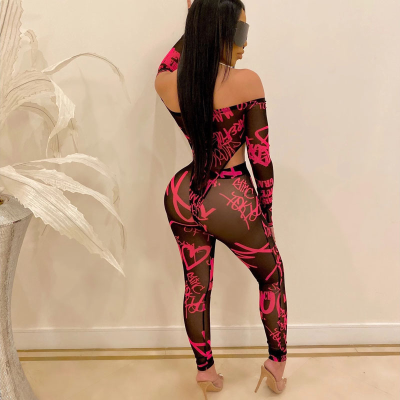 Sexy Mesh Transparent Women's 2-Piece Black Outfit Off Shoulder Bodysuit & Pants Tracksuit | T200630 B3