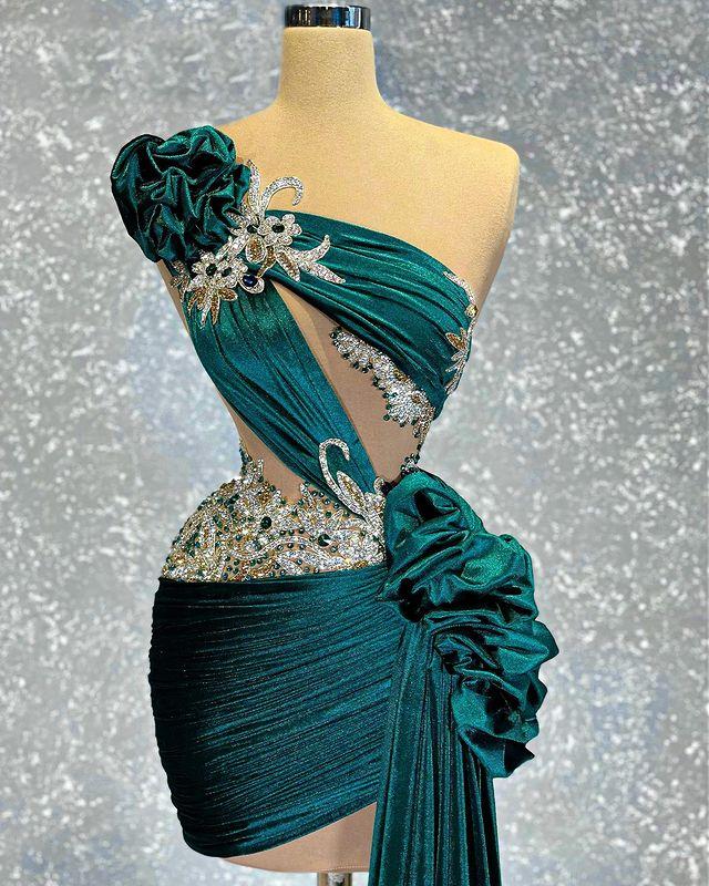 Hunter Green 2022 Sheath Prom Dresses Beaded Crystals One Shoulder Evening Formal Party Second Reception Gowns
