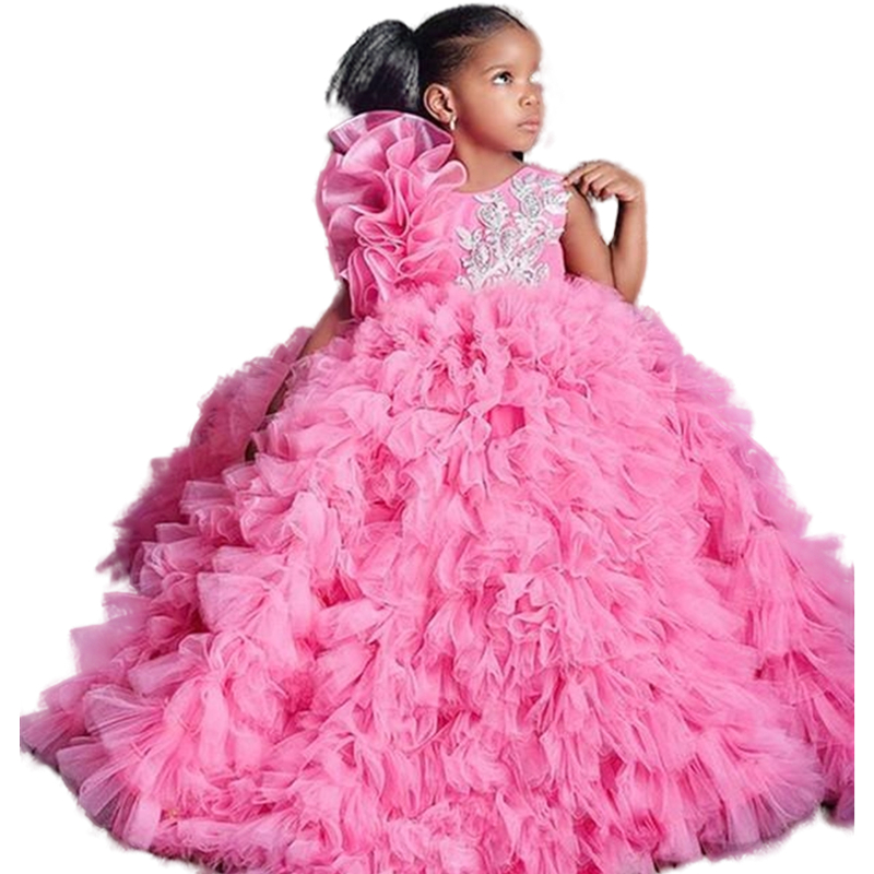 Cute Puffy Ball Gown Pink Little Girl Pageant Dresses Ruffles Tulle Floor Length Brithday Party Gowns For Toddler Kids Long Communion Flower Girls Dre