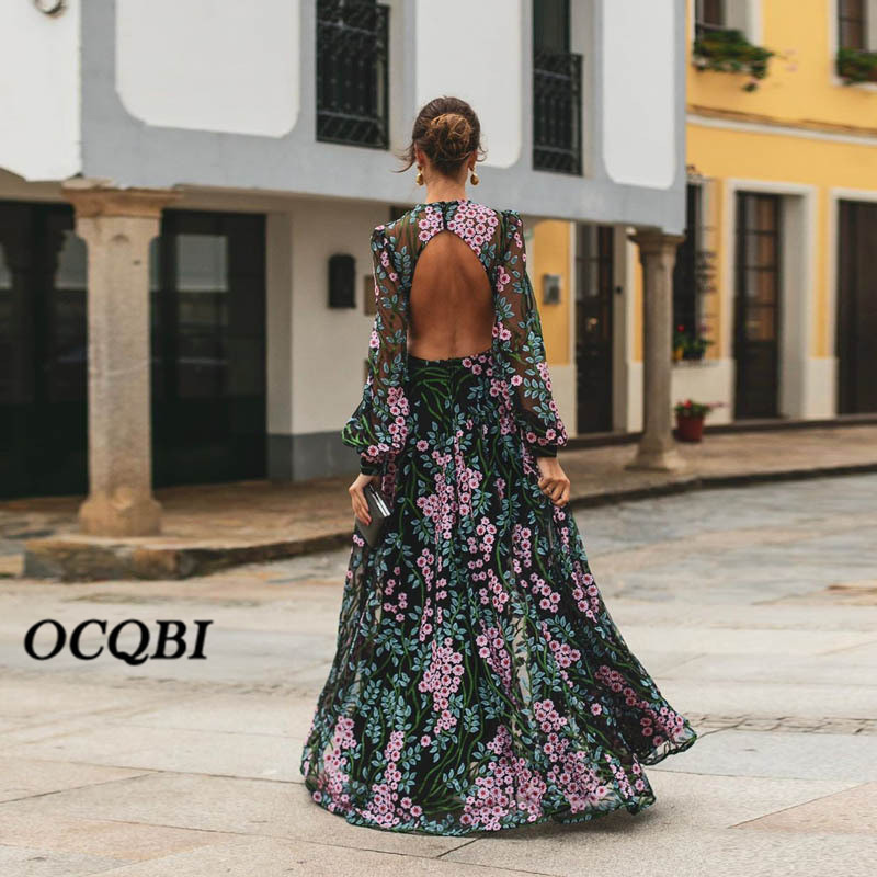 Plus Size 2020 Women Summer Dress Bohemian Sexy Vintage Dresses Print Party Night Long Sleeve Dress LJ201202