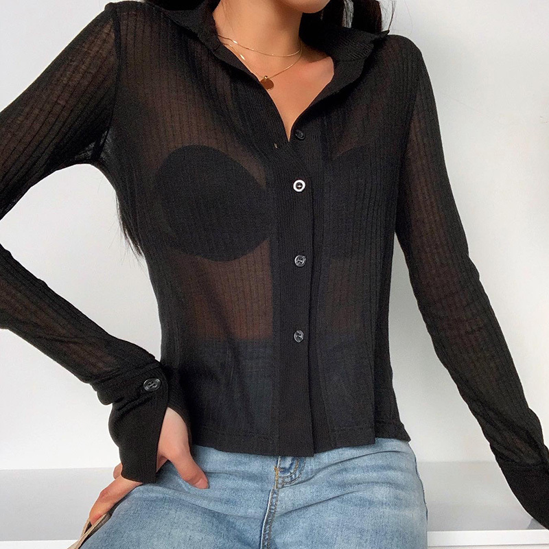 FASHSTREET Sexy New Black Knitted See Through Elastic Blouse Women Turndown Collar Long Sleeve Slim Shirt Party Streetwear 201201