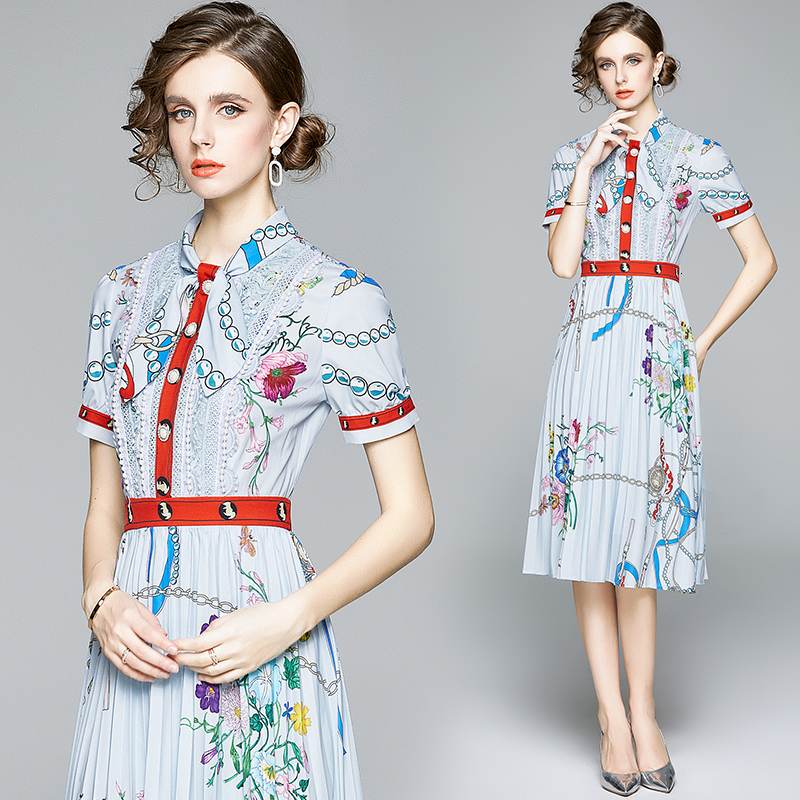 2021 New Runway Summer Pleated Women Bow Neck Short Sleeve Beaded Buttons Lace Patchwork Print Female Elegant Midi 4x0q, Blue
2021 New Runway Summer Pleated Women Bow Neck Short Sleeve Beaded Buttons Lace Patchwork Print Female Elegant Midi 4x0q, Blue