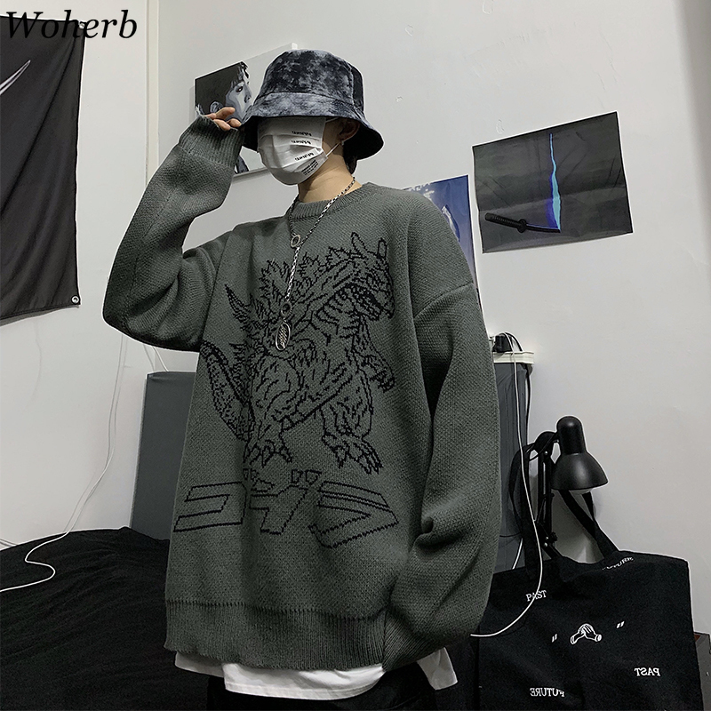 Woherb Vintage Loose Pullover Sweater Women Long Sleeve Dinosaur Pattern Knit Tops Jumpers Korean Fashion New Streetwear 91373 201023