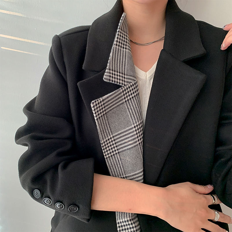 EAM Loose Fit Black Plaid Big Size Long Woolen Coat Parkas Long Sleeve Women Fashion Autumn Winter 1DD0741 201222