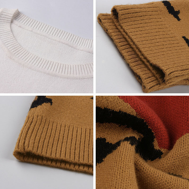 Fashion Leopard Patchwork Autumn Winter Ladies Knitted Sweater Women O-neck Full Sleeve Jumper Pullovers Top Khaki Brown 201030