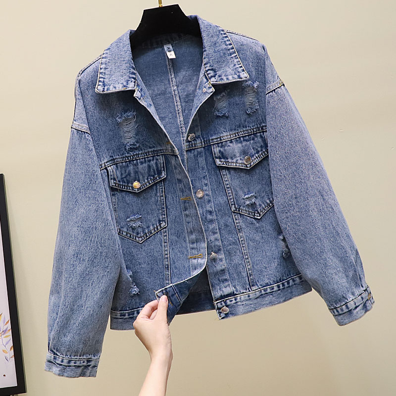 Streetwear Style Women's Denim Jacket Print Long Sleeve Jean Jacket Loose Bomber Coat Ladys Spring Autumn Hole Female Outwear 201017