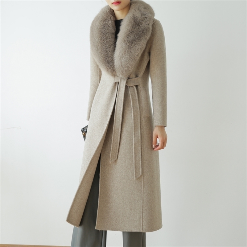 Autumn Winter Fashion rf0191 100% Real Wool Cloak Women with Real Fox Fur Collar Removable Woolen Coat 201216