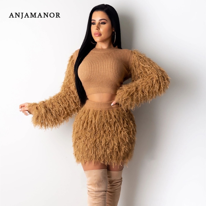 ANJAMANOR Winter Fashion Sweater Tassel Fluffy 2 Piece Set Women Ladies Sexy Outfits for Parties Club Wear Matching Sets D40BZ75 T200325