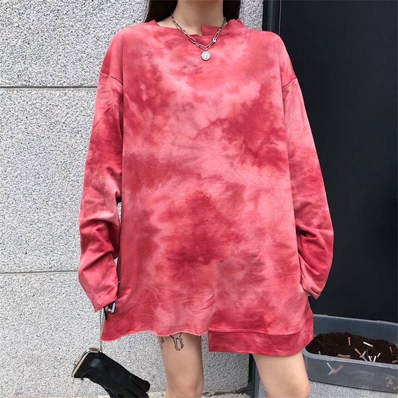 Harajuku Women shirt Streetwear Korean Style Loose Tie-dye hoodies Red Purple Blue O- neck Hip hop hoosies Femal Personality T200525