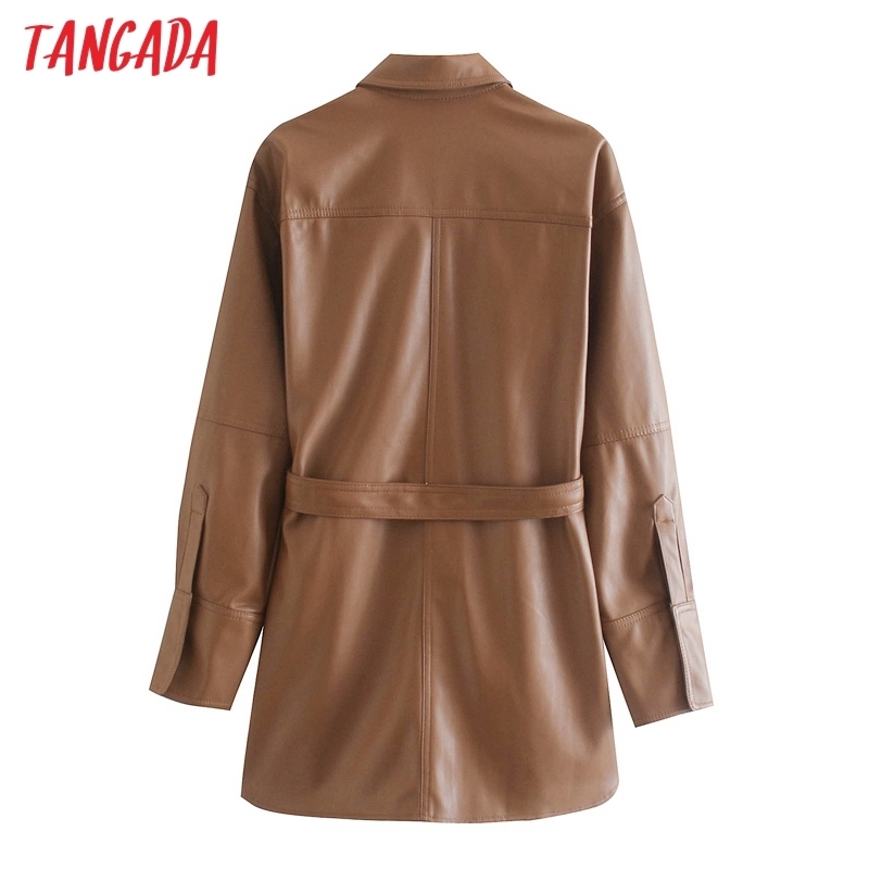 Tangada Women brown faux leather jacket coat with slash Ladies Long Sleeve loose oversize boy friend Coat 3H120 201029