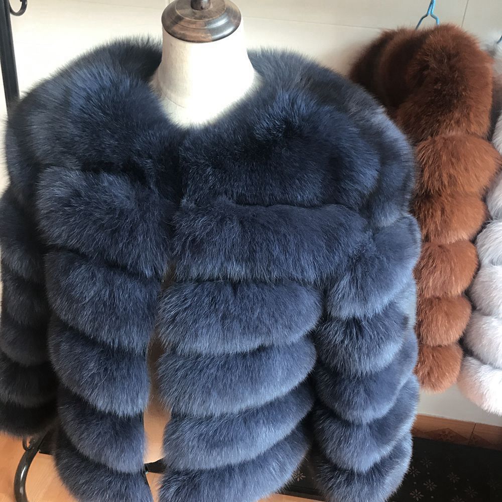 50cm New Women Warm Real Fur Coat Short Winter Fur Jacket Outerwear Natural Blue Fur Coats for Women Hot Promotion 201016