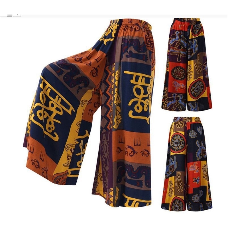 Vintage Print Women Wide Leg Pants Harajuku Fashion Cotton Linen Trouser Clothes Streetwear Plus Size Sweatpants Woman 201109