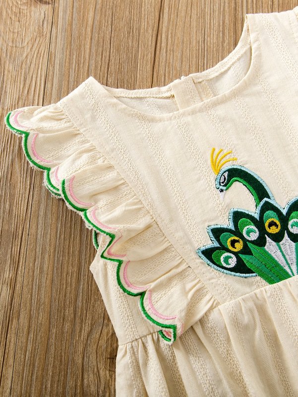 Toddler Girls Peacock Embroidery Scallop Trim Dress SHE R250424